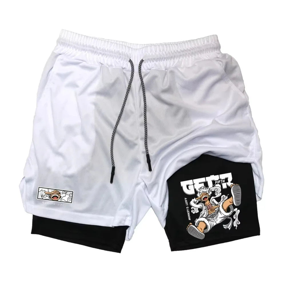 Japanese Anime Print Shorts Man Women Summer New Double-Layer 2-in-1 Shorts Gym Fitness Running Sports Pants Quick-Drying Shorts
