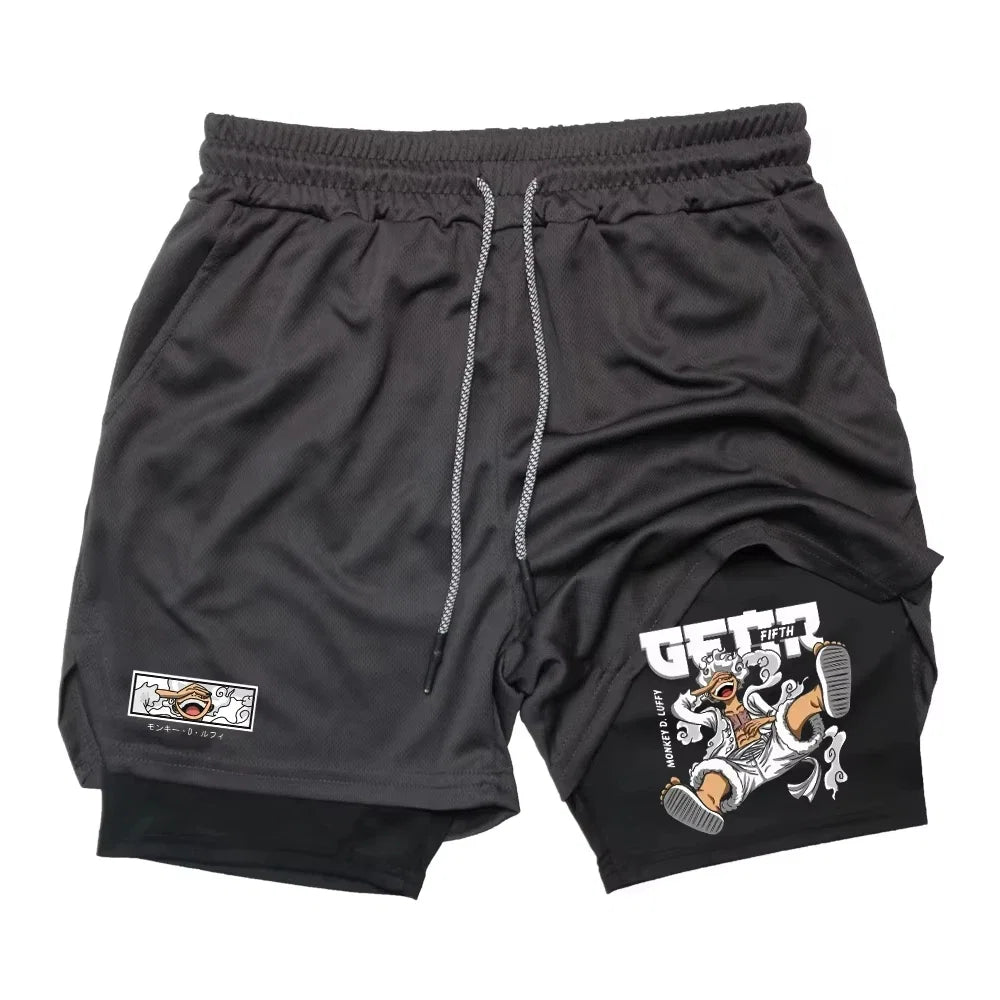 Japanese Anime Print Shorts Man Women Summer New Double-Layer 2-in-1 Shorts Gym Fitness Running Sports Pants Quick-Drying Shorts