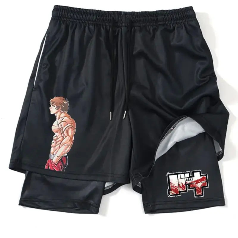 Japanese Anime Print Shorts Man Women Summer New Double-Layer 2-in-1 Shorts Gym Fitness Running Sports Pants Quick-Drying Shorts