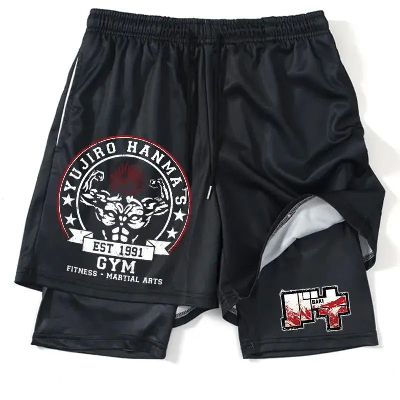 Japanese Anime Print Shorts Man Women Summer New Double-Layer 2-in-1 Shorts Gym Fitness Running Sports Pants Quick-Drying Shorts